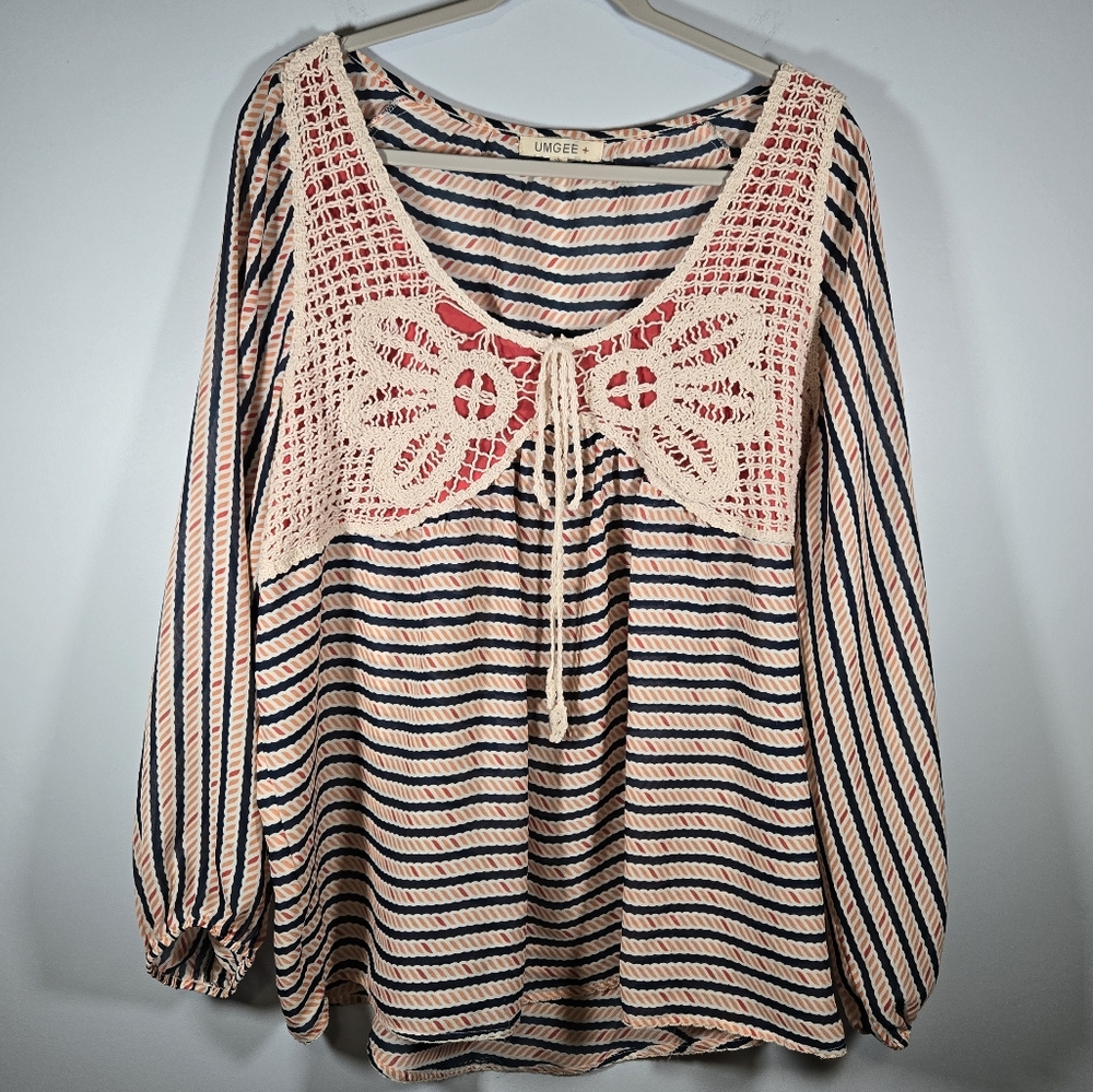 Umgee Long‎ Sleeve Boho Blouse Women’s Size 2XL Knit Lace Neckline Top